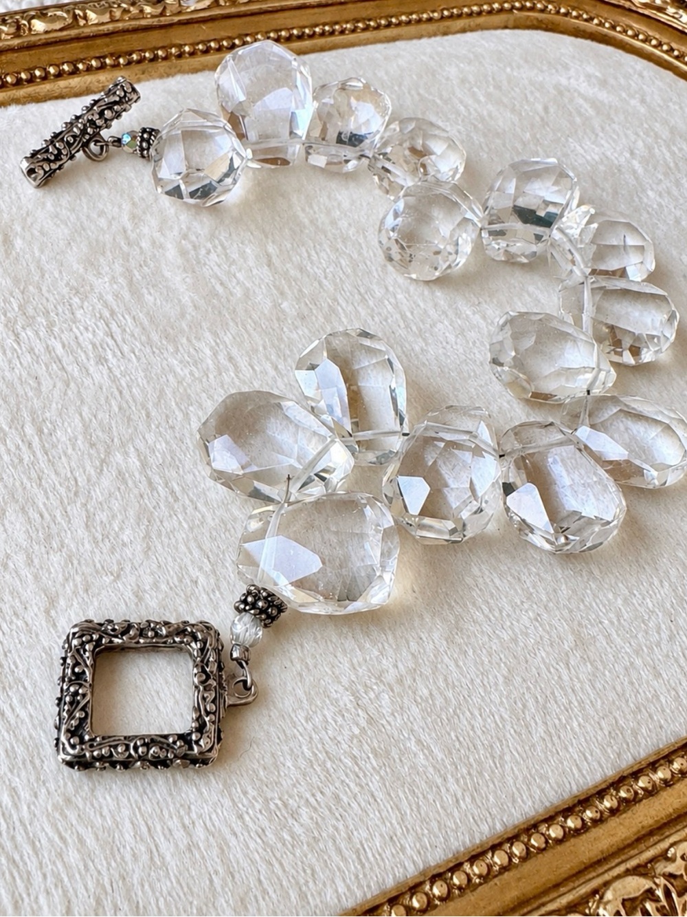 1920s Art Deco Rock Quartz Chunky Block Faceted Beaded Necklace 68g Solid Silver